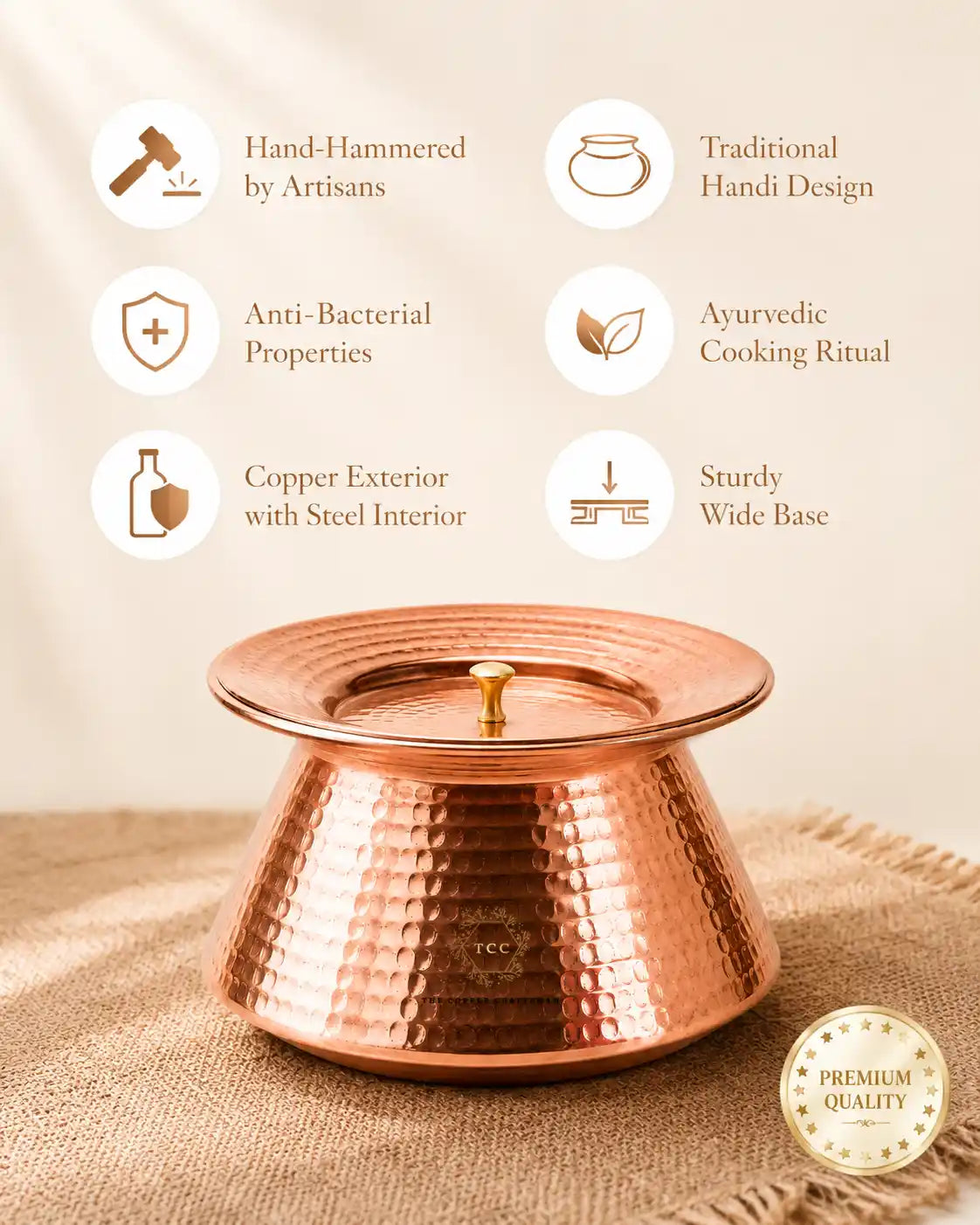 A hammered copper-handi-with-tin-lining and  a matching lid, displayed on a burlap surface with text callouts highlighting features such as hand-hammering, traditional handi design, anti-bacterial properties, and an ayurvedic cooking ritual. A 'Premium Quality' badge is visible in the bottom right corner.