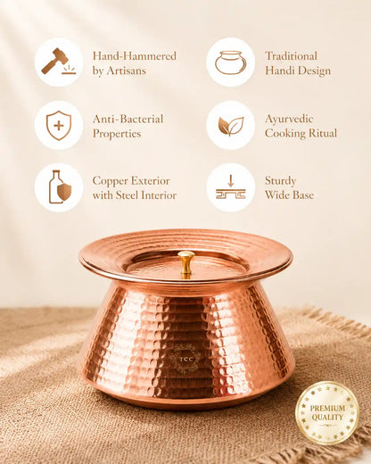 A hammered copper-handi-with-tin-lining and  a matching lid, displayed on a burlap surface with text callouts highlighting features such as hand-hammering, traditional handi design, anti-bacterial properties, and an ayurvedic cooking ritual. A 'Premium Quality' badge is visible in the bottom right corner.