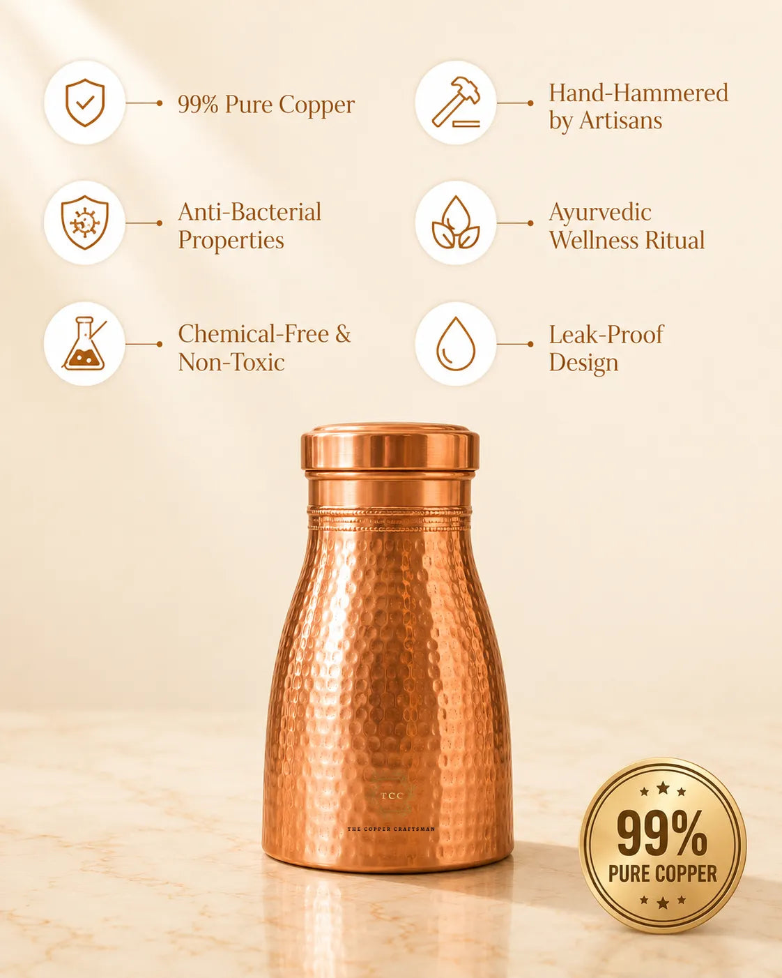 A hammered Copper Bedroom Jar 1L centered on a light beige background with feature callouts around it, including '99% Pure Copper,' 'Hand-Hammered by Artisans,' 'Anti-Bacterial Properties,' 'Ayurvedic Wellness Ritual,' 'Chemical-Free & Non-Toxic,' and 'Leak-Proof Design.' A gold seal reading '99% Pure Copper' appears in the lower right.
