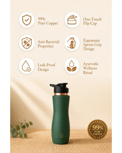 A dark green insulated copper bottle with a black flip cap and a metallic copper collar, displayed on a burlap surface with feature icons and text above it, including '99% Pure Copper', 'One-Touch Flip Cap', 'Anti-Bacterial Properties', 'Ergonomic Sports Grip Design', 'Leak-Proof Design', and 'Ayurvedic Wellness Ritual'.
