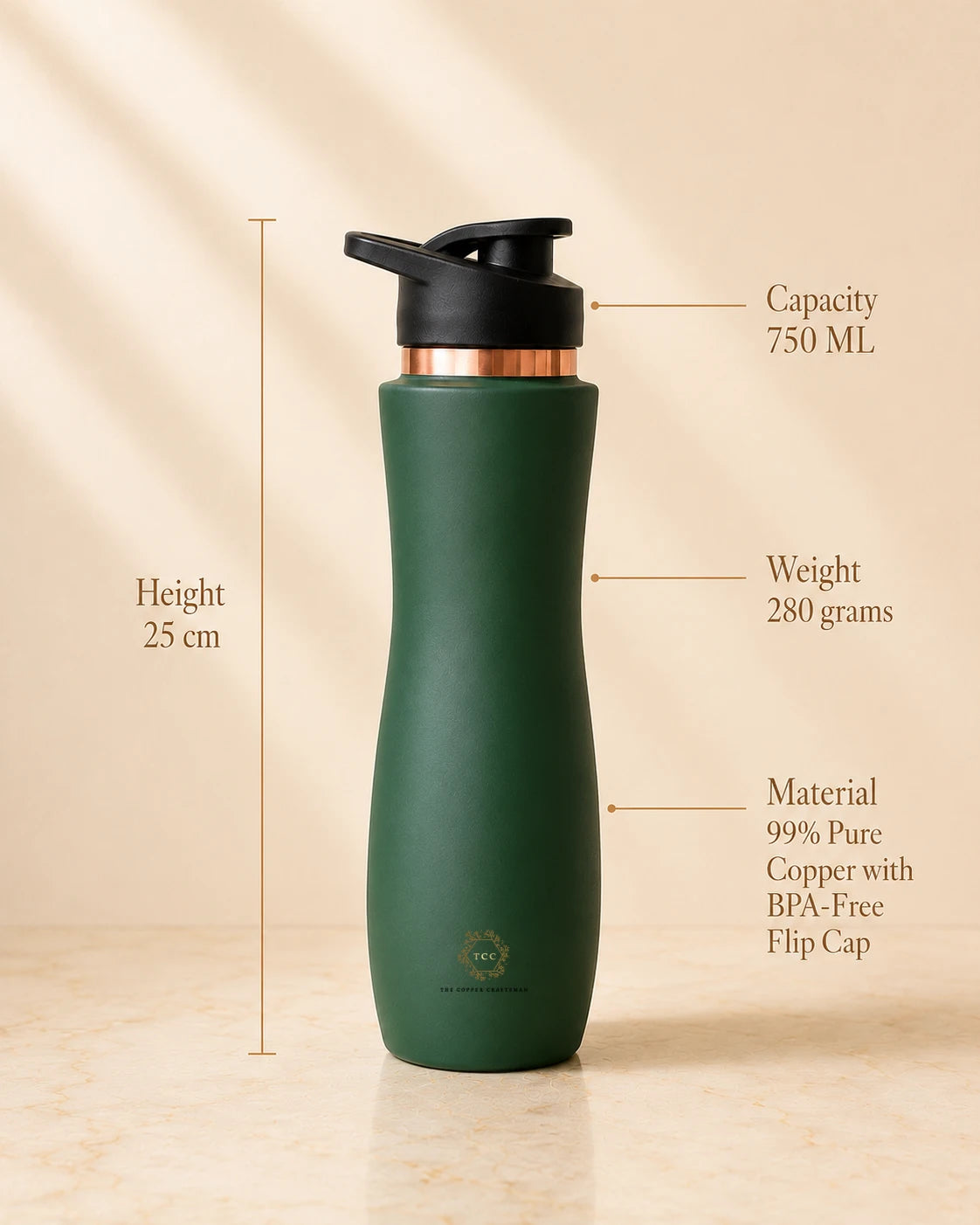 A dark green insulated copper bottle with a black flip cap and copper collar, shown with overlaid measurement labels for height, capacity, weight, and material on a warm beige background.