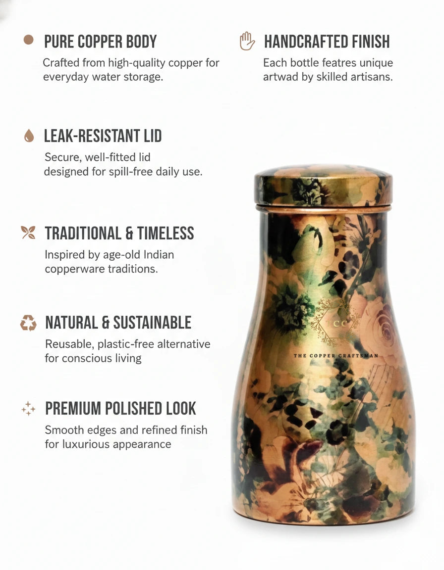Copper water bottle with floral design and text highlighting features on a white background