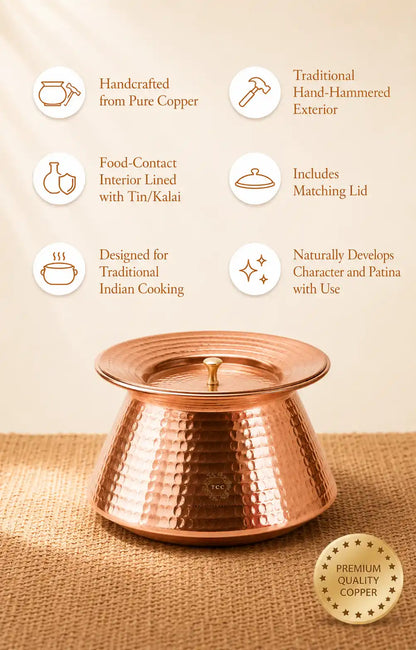 A hammered copper handi with a matching lid, displayed on a burlap surface with feature callouts and a premium quality badge. The text highlights its handcrafted pure copper construction, traditional hand-hammered exterior, food-contact interior lined with tin/kalai, traditional Indian cooking suitability, and included matching lid.