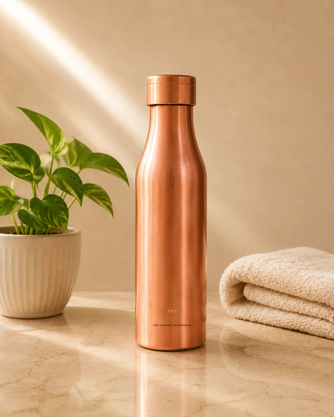 99% Pure Copper Water Bottle | Brushed Finish | Leak-Proof | 1000 ML | Handcrafted| The Copper Craftsman
