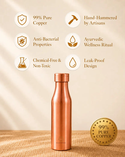 99% Pure Copper Water Bottle | Brushed Finish | Leak-Proof | 1000 ML | Handcrafted| The Copper Craftsman