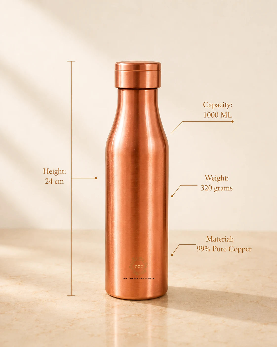 99% Pure Copper Water Bottle | Brushed Finish | Leak-Proof | 1000 ML | Handcrafted| The Copper Craftsman