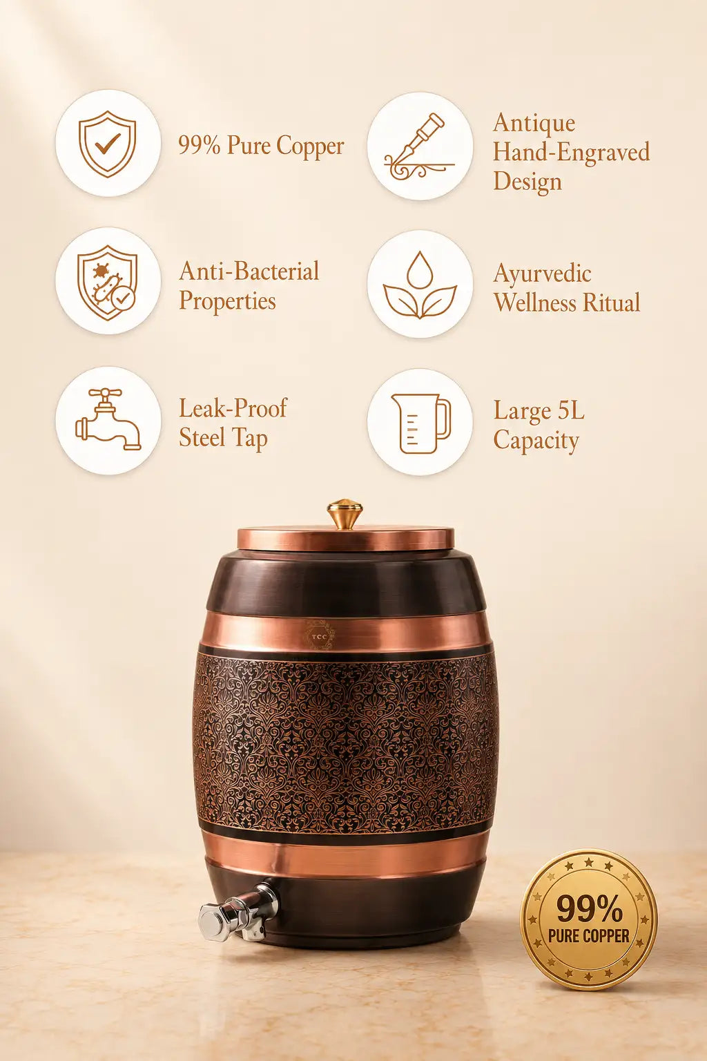 A Pure Copper Water Dispenser styled like a small barrel with engraved patterns, shown on a beige background with feature icons and text. A gold seal reading 99% Pure Copper appears near the bottom right.