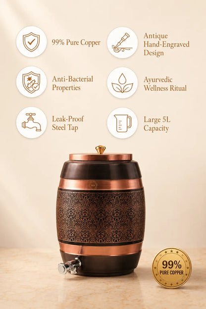 A decorative copper-toned metal water dispenser styled like a small barrel with engraved patterns, shown on a beige background with feature icons and text. A gold seal reading 99% Pure Copper appears near the bottom right.