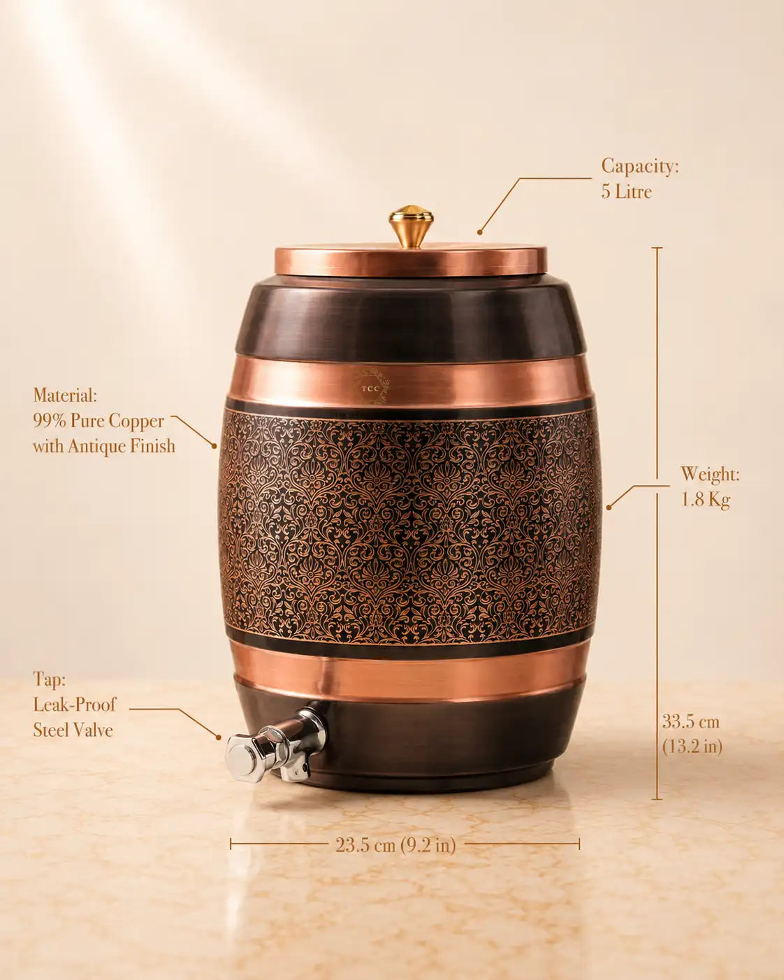 A Pure Copper Water Dispenser with an ornate damask pattern, shown on a beige surface with measurement callouts indicating 23.5 cm diameter, 33.5
