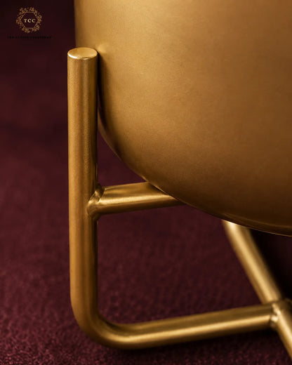 Close-up detail of a gold-finished metal chair or stool with a rounded seat and tubular frame, set against a deep burgundy textured background. A small 'TCC' logo appears in the top-left corner.