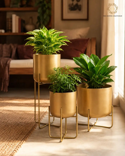 Three gold-finished metal planters in graduated sizes on matching wire stands, styled with green houseplants in a warm, sunlit living room interior. The brand name 'The Copper Craftsman ' is visible in the top right corner.