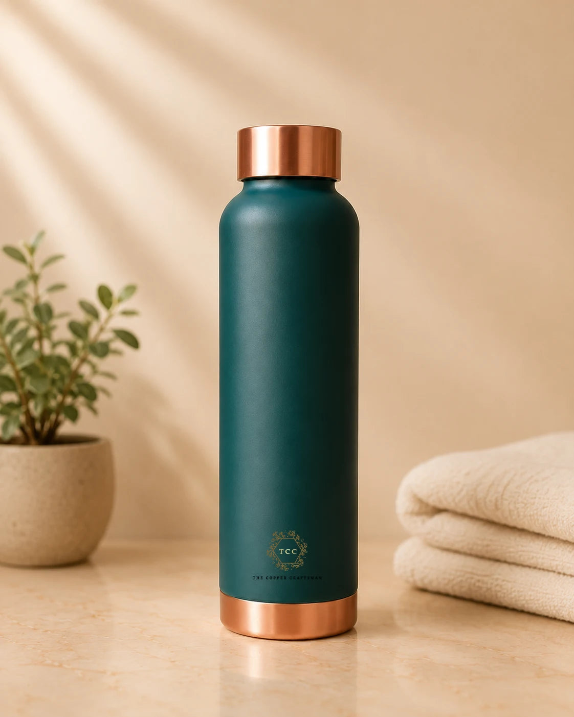 A matte green colour copper water bottle with metallic rose gold accents on the lid and base, standing on a beige marble surface with a potted plant and folded towels in the background.