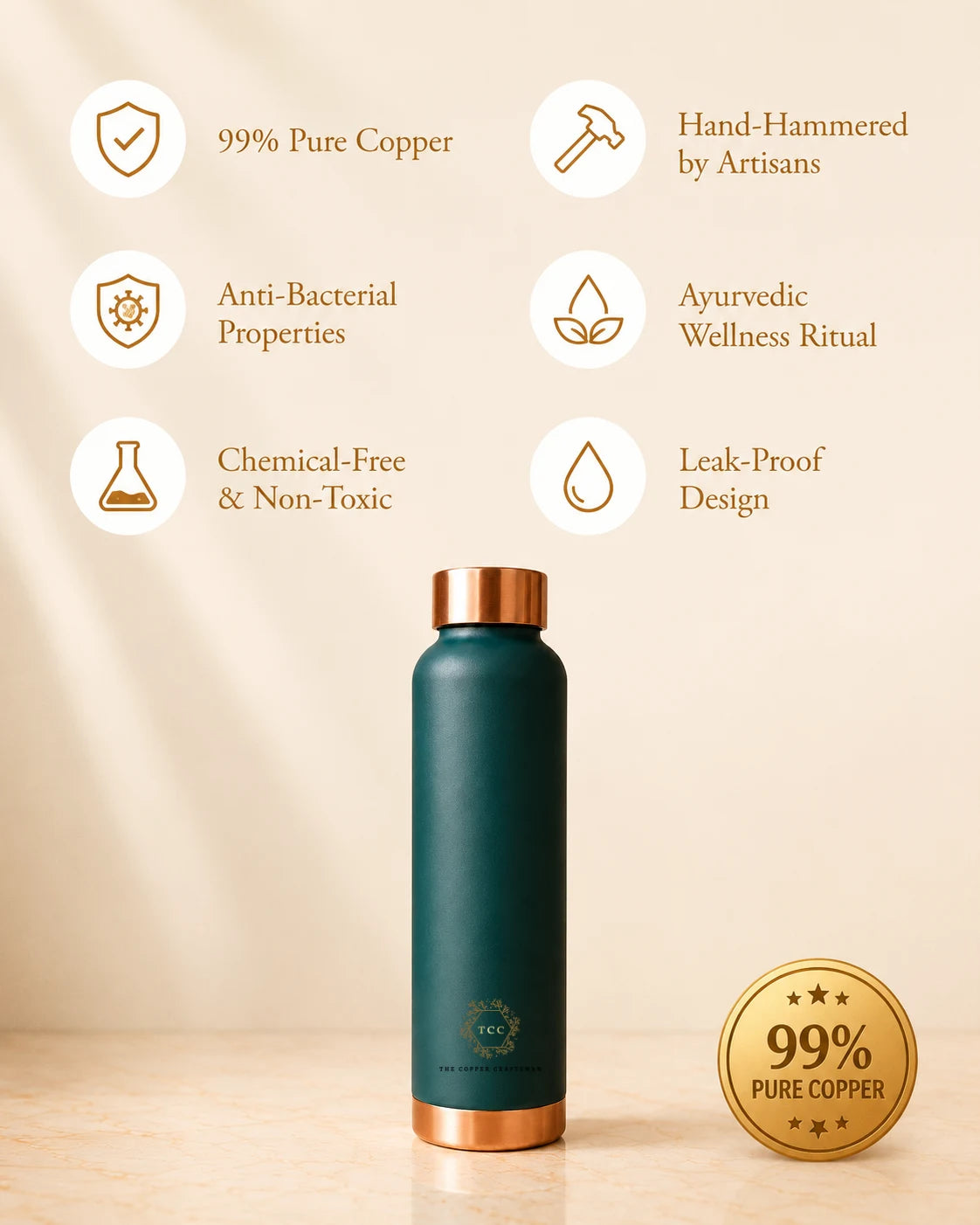A green colour copper water bottle with a metallic copper cap and base, displayed on a beige surface with marketing text icons and a gold '99% Pure Copper' badge. The text highlights features such as hand-hammered artisan craftsmanship, anti-bacterial properties, and leak-proof design.