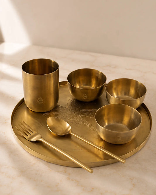 Brass Dinner Set (7 Piece) – Antique Finish Traditional Brass Plate Set with Tray | The Copper Craftsman