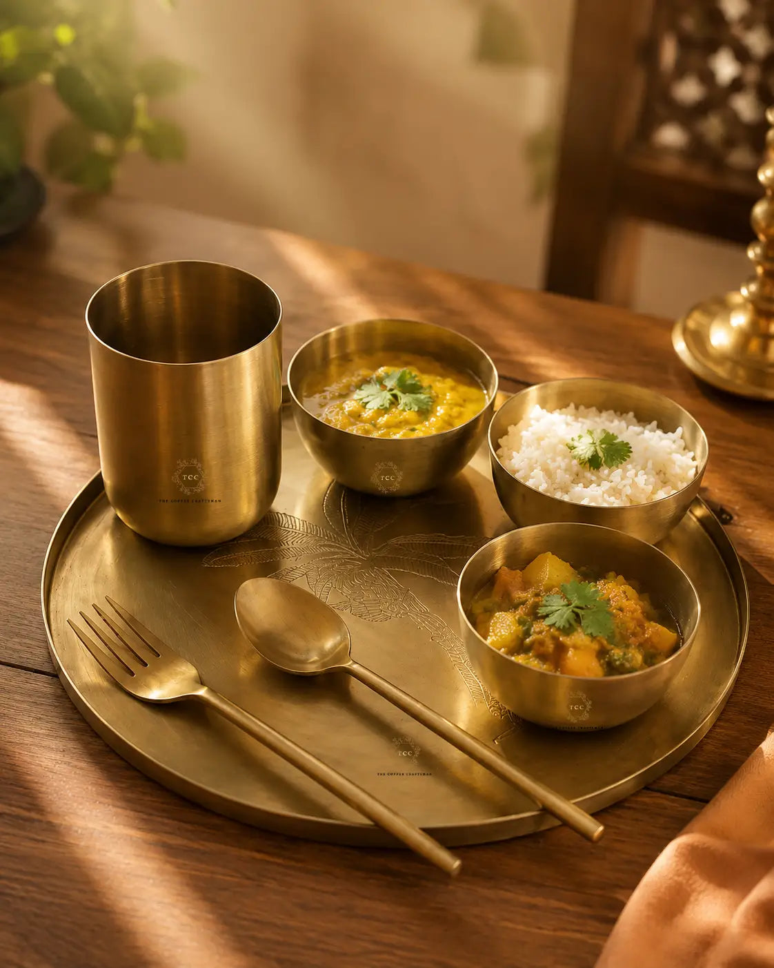 A brass dinner set arranged on a round tray on a wooden table, including a tall tumbler, a spoon, a fork, and two bowls of food (curry and rice).