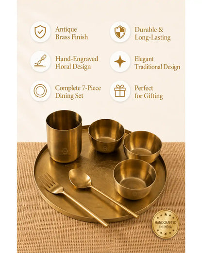 Antique Brass Thali Set – Engraved Tray with Bowls & Cutlery