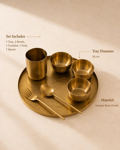 Antique Brass Thali Set – Engraved Tray with Bowls & Cutlery