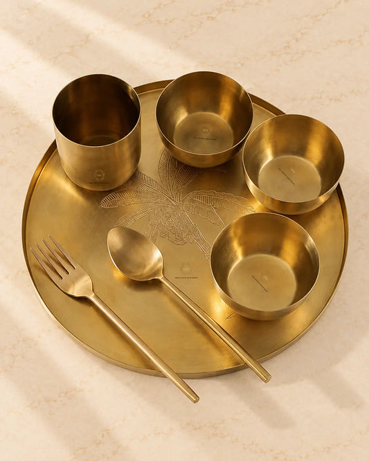 Brass Dinner Set (7 Piece) – Antique Finish Traditional Brass Plate Set with Tray | The Copper Craftsman