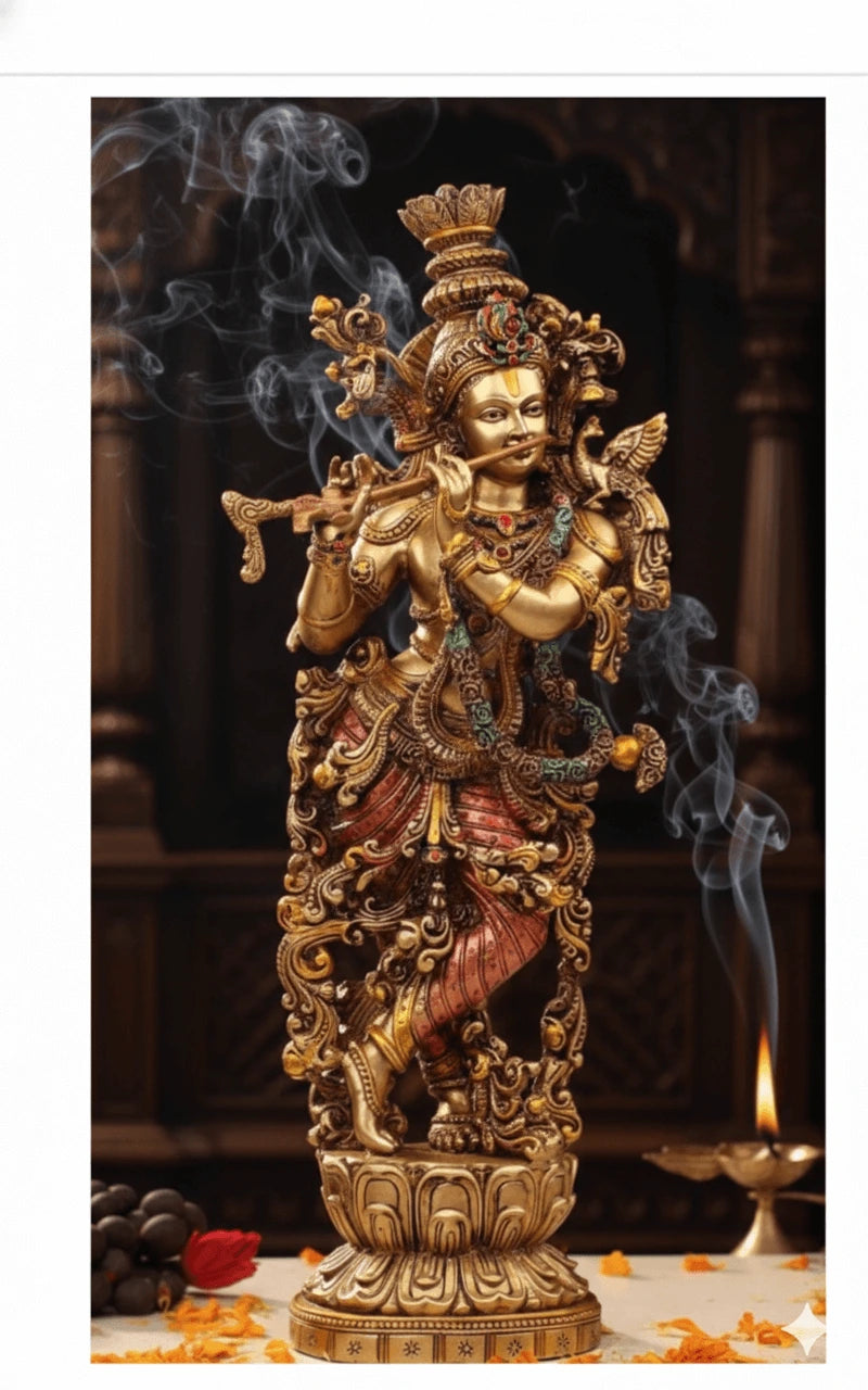 Decorative statue with intricate details and smoke in a dark setting