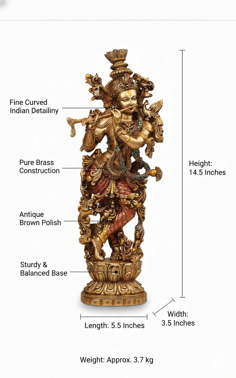Brass statue with detailed features and measurements on a white background