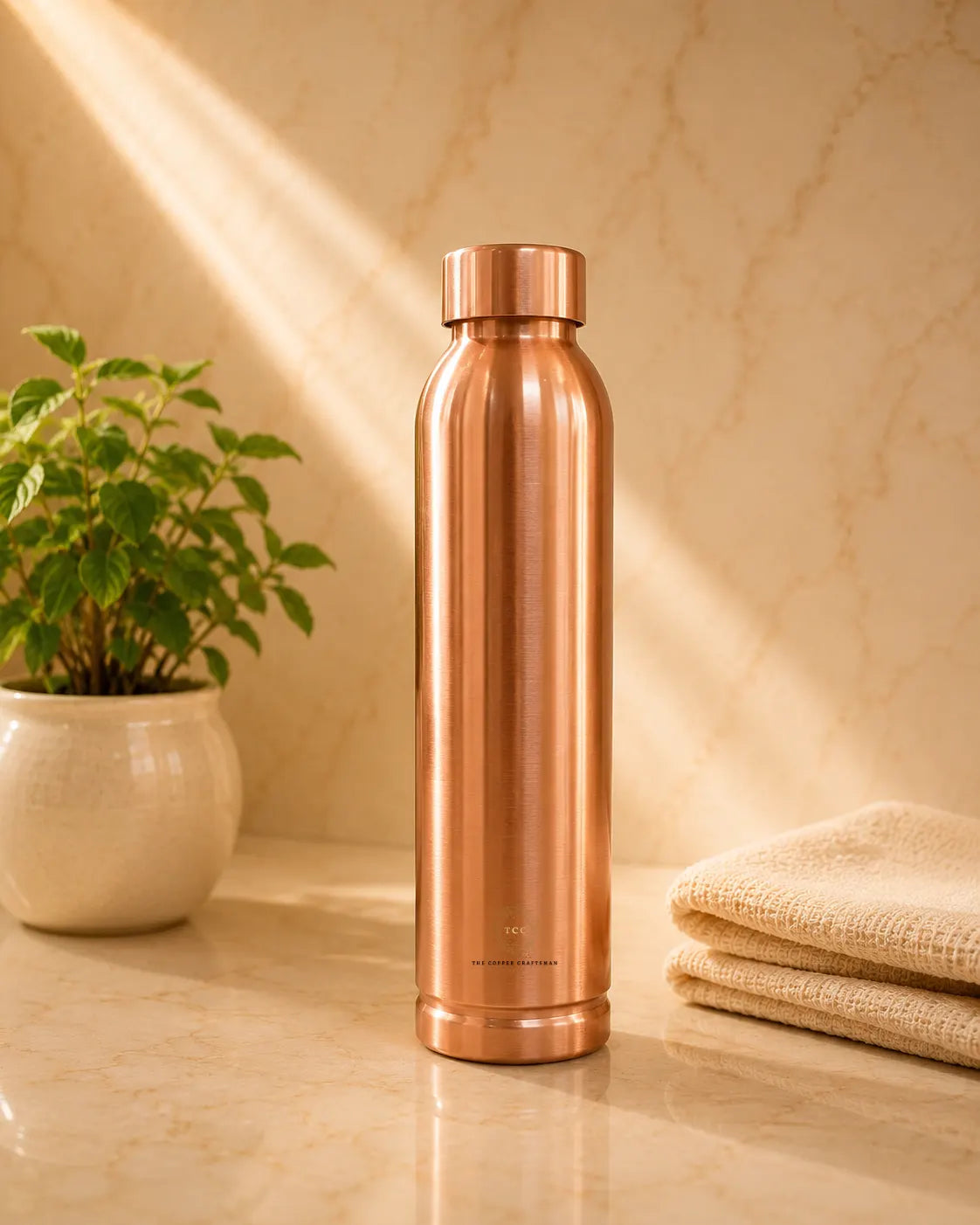 A tall, slim copper water bottle (plain) stands on a marble surface in warm sunlight, with a potted green plant on the left and folded beige towels on the right.